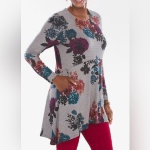 Chico's Tops - Chicos Floral Rose Pocket Tunic Top Size XL Romantic ‎ Long Sleeve XL oversized